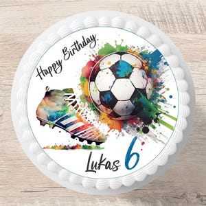 Topper per torta a forma di pallone da calcio in pasta di zucchero, nome desiderato, diametro 20 cm, immagine di compleanno di un bambino, calcio, pallone da calcio