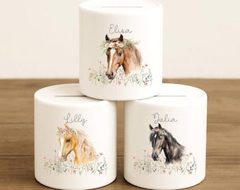 Personalized piggy bank with horse name, children's money box, gift for birth, christening, baby gift, children's money gift, wildflower motif