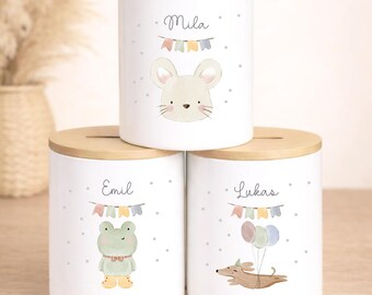 Personalized bamboo money box with name, children's piggy bank, gift for birth, christening, baby gift, children's money gift for girls and boys