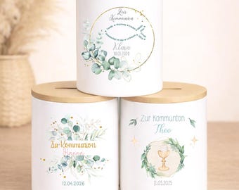 Salvadanaio in bambù personalizzato con nome, regalo di comunione, regalo per bambini, regalo in denaro per ragazze e ragazzi