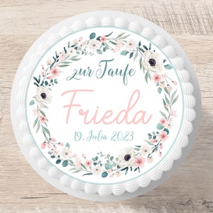 Tortenaufleger Taufe Blumenkranz Fondant Wunschname 20 cm Durchmesser Zuckerbild Tortenbild Mädchen Blumen