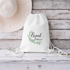 Beutel Braut oder Team Braut Name JGA Hochzeit Braut Eukalyptuskranz gold Baumwolle weiß Drawstring Bag Turnbeutel Bridesmaid Tote Bag Sportbeutel Braut N.