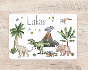 Platzset Dino Wunschname Junge Tischset Platzdeckchen Dinosaurier Vulkan TRex Triceratops  Name Kinder