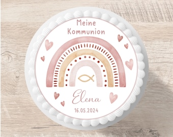 Communion cake topper, rainbow fondant, personalized with a name of your choice, 20 cm diameter