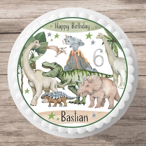 Decorazione per torta con dinosauri, nome, numero, immagine in pasta di zucchero verde, immagine di torta verde, ragazzo e ragazza