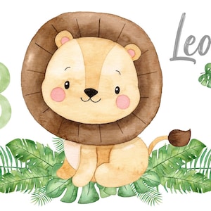 Iron-on image lion name birthday number white or colored jungle textiles children&#39;s birthday safari boy girl green