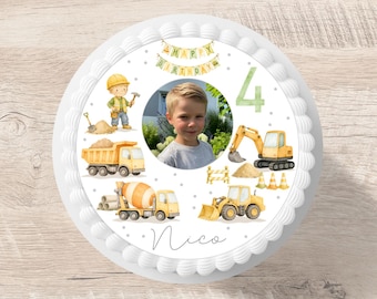 Cake topper construction site fondant personalized name 20 cm diameter sugar image excavator truck cake decoration children's birthday boy blond brown