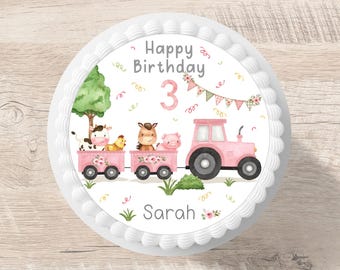 Cake topper tractor fondant personalized name 20 cm diameter sugar image farm cow horse pig pink flowers