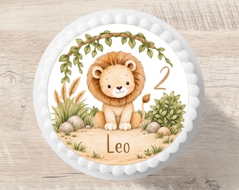 Lion fondant cake topper with personalized name, 20 cm diameter, jungle safari, children's birthday cake decoration