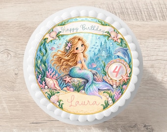 Mermaid cake topper, fondant, personalized name, 20 cm diameter, sugar image, underwater pearls