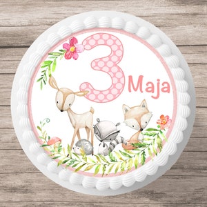 Cake topper forest animals fondant desired name sugar picture cake picture forest deer fox hedgehog girl pink