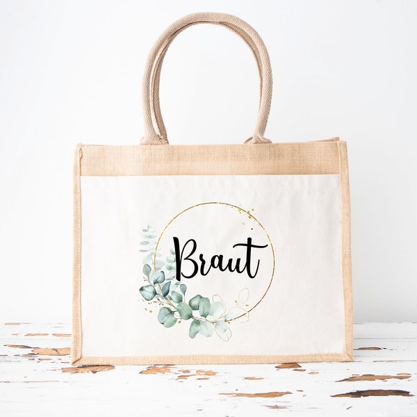 Jute Tasche "Braut" für JGA "Team Braut" Hochzeit Braut Eukalyptuskranz gold Jutetasche Bridesmaid