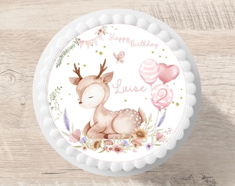 Cake topper deer flowers fondant desired name 20 cm diameter sugar image cake image forest animals girl pink cake decoration