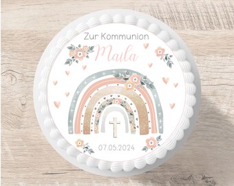 Tortenaufleger Kommunion Regenbogen Fondant Wunschname 20 cm Durchmesser personalisiert