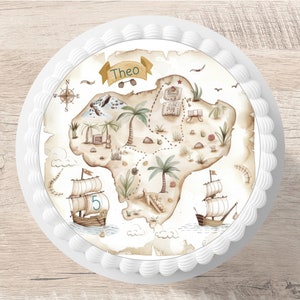 Topper per torta con mappa del tesoro dei pirati fondente, nome desiderato, diametro 20 cm, immagine in zucchero, compleanno dei pirati, compleanno dei bambini