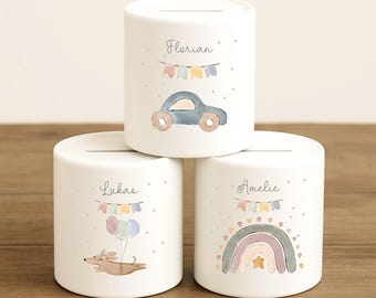Hucha personalizada con nombre para niños, hucha, regalo de nacimiento, bautizo, regalo de bebé, dinero para niños, regalo para niña y niño, motivo