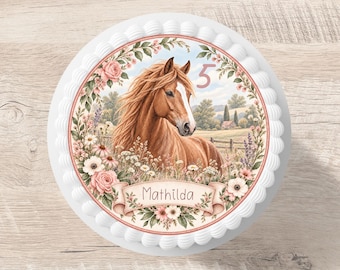 Cake topper horse flowers fondant personalized name 20 cm diameter sugar image cake decoration horse girl pink