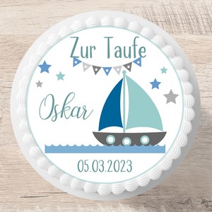 Tortenaufleger Taufe Segelboot Fondant Wunschname 20 cm Durchmesser Zuckerbild Tortenbild Kuchendekoration Junge Mädchen blau