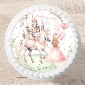 Topper per torta principessa fondente nome desiderato 20 cm zucchero foto torta foto principe cavaliere castello torta compleanno ragazza rosa
