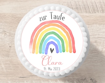 Tortenaufleger Taufe Regenbogen Fondant Wunschname 20 cm Durchmesser Zuckerbild Tortenbild Mädchen Junge grün Aquarell