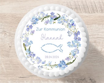 Cake topper communion forget-me-not fish fondant desired name 20 cm diameter personalized