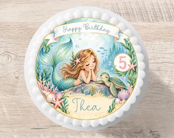 Mermaid and Turtle Cake Topper with Fondant and Personalized Name, 20 cm Diameter, Sugar Image, Underwater