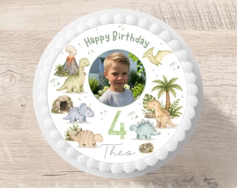 Green Dinosaur Cake Topper with Photo, Fondant, Name, Number, Sugar Image, Green Cake Image for Boys and Girls