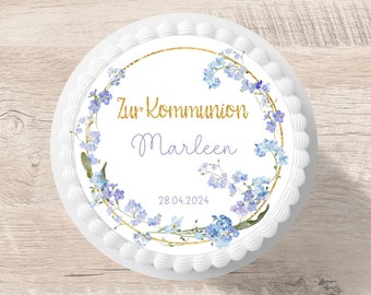 Tortenaufleger Kommunion Vergissmeinnicht Fisch Fondant Wunschname 20 cm Durchmesser personalisiert