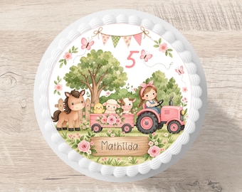 Cake topper tractor fondant personalized name 20 cm diameter sugar image farm cow horse pig pink flowers