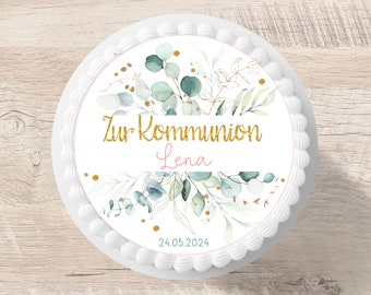 Tortenaufleger Kommunion Eukalyptus gold Fondant Wunschname 20 cm Durchmesser personalisiert