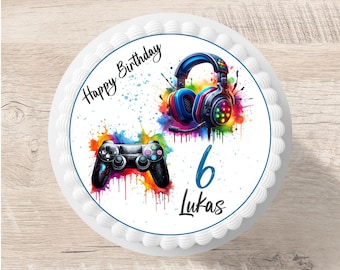 Cake topper gamer fondant desired name 20 cm diameter sugar image boy birthday controller game gaming