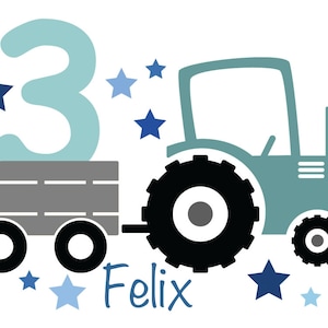 Könnte beinhalten: Ein blauer Traktor mit einem grauen Wagen, der die Zahl 3 trägt. Der Traktor hat schwarze Räder und einen schwarzen Reifen. Der Wagen hat schwarze Räder. Um das Bild herum sind blaue Sterne verteilt. Der Text "Felix" steht unter dem Traktor.