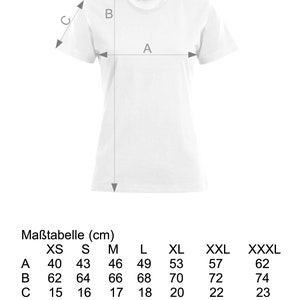May include: Size chart for a white t-shirt with measurements in centimeters for XS, S, M, L, XL, XXL, and XXXL. The measurements include half chest, length, and sleeve length.