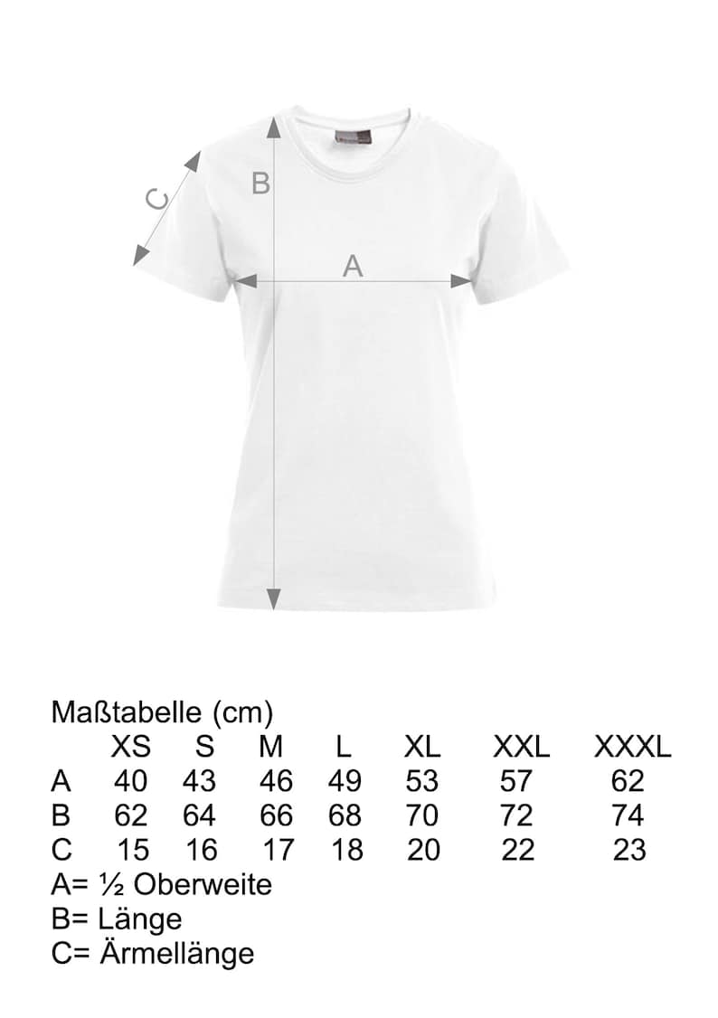 May include: Size chart for a white t-shirt with measurements in centimeters for XS, S, M, L, XL, XXL, and XXXL. The measurements include half chest, length, and sleeve length.