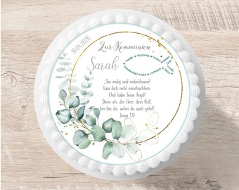 Communion cake topper with fish, eucalyptus, saying, fondant, personalized with name, 20 cm diameter, for Confirmation, Baptism, First Communion, Name
