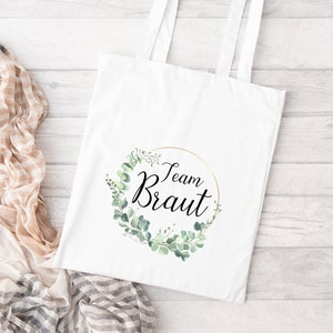 Beutel Braut oder Team Braut Name JGA Hochzeit Braut Eukalyptuskranz gold Baumwolle weiß Drawstring Bag Turnbeutel Bridesmaid Tote Bag Bild 7