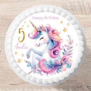 Topper per torta fondente unicorno nome desiderato immagine zucchero diametro 20 cm