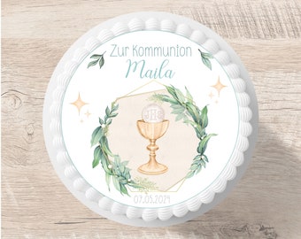 Tortenaufleger Kommunion Kelch Eukalyptus Fondant Wunschname 20 cm Durchmesser personalisiert