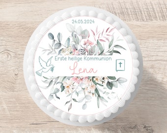 Tortenaufleger Kommunion Eukalyptus rosa Fondant Wunschname 20 cm Durchmesser personalisiert