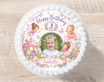 Cake topper fairy fondant personalized name 20 cm diameter sugar image cake decoration girl flowers frog mushroom