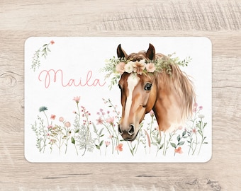 Platzset Pferd Blumenwiese Wunschname Mädchen Tischset Platzdeckchen Name Kinder