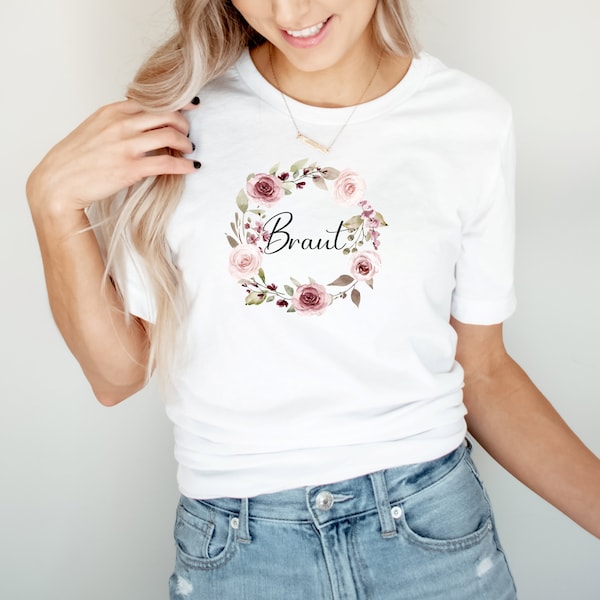 TShirt "Braut" für JGA Hochzeit Braut Blumenkranz rosa altrosa