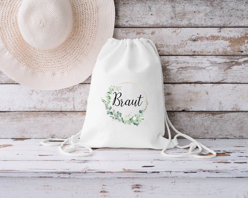 Beutel Braut oder Team Braut Name JGA Hochzeit Braut Eukalyptuskranz gold Baumwolle weiß Drawstring Bag Turnbeutel Bridesmaid Tote Bag Bild 1