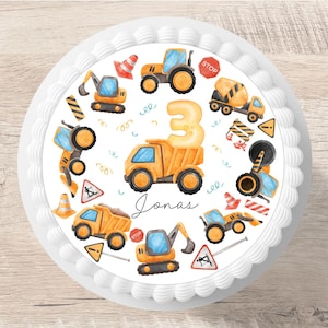 Topper per torta Cantiere Fondente Nome desiderato 20 cm di diametro Immagine di zucchero Immagine di torta di camion escavatore Compleanno per bambini Ragazzo Ragazza