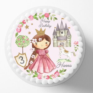 Cake topper principessa marrone fondente nome desiderato 20 cm immagine di zucchero immagine della torta principe cavaliere castello torta compleanno ragazza rosa