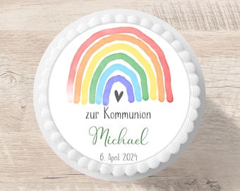 Tortenaufleger Kommunion Regenbogen Fondant Wunschname 20 cm Durchmesser personalisiert