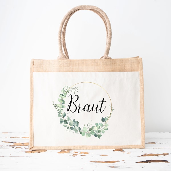 Jute Tasche "Braut" für JGA "Team Braut" Hochzeit Braut Eukalyptuskranz gold Jutetasche Bridesmaid