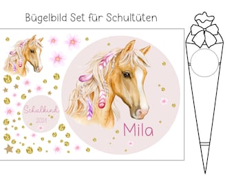 Bügelbild Set Pferd Schultüte dunkle UND helle Textilien A4 DIY Mädchen Pferdchen Pony Pferdemädchen