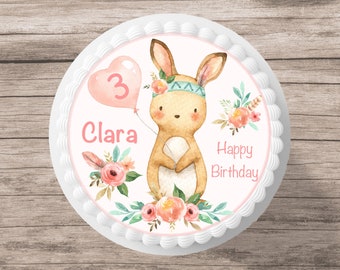 Tortenaufleger Hase personalisiert Fondant Wunschname 20 cm Durchmesser Zuckerbild Tortenbild Waldtiere Hase Igel Bär