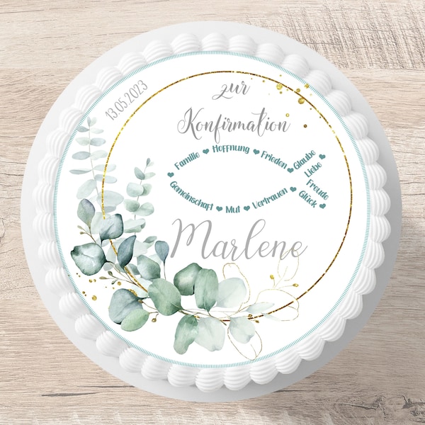 Tortenaufleger Konfirmation Fisch Eukalyptus Fondant Wunschname 20 cm Durchmesser personalisiert